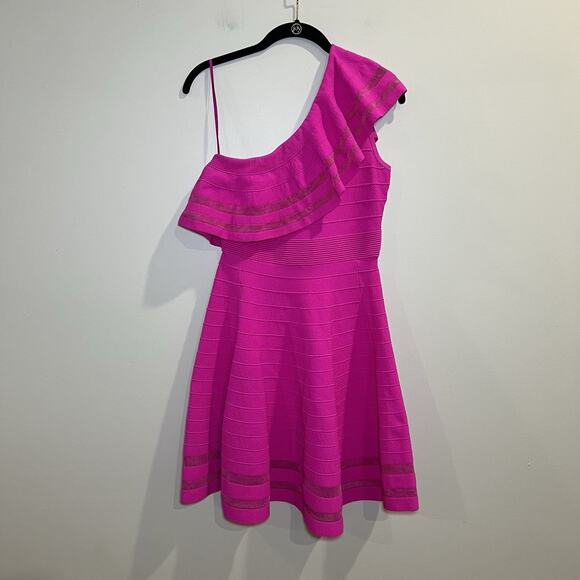 TED BAKER Streena Dress Size 2 US6 Pink Knitted Ruffle One Shoulder - Picture 2 of 5